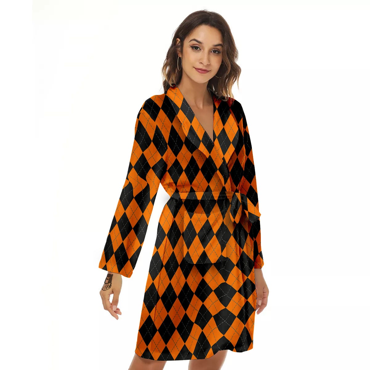 Argyle Black And Orange Print Women's Robe-grizzshop