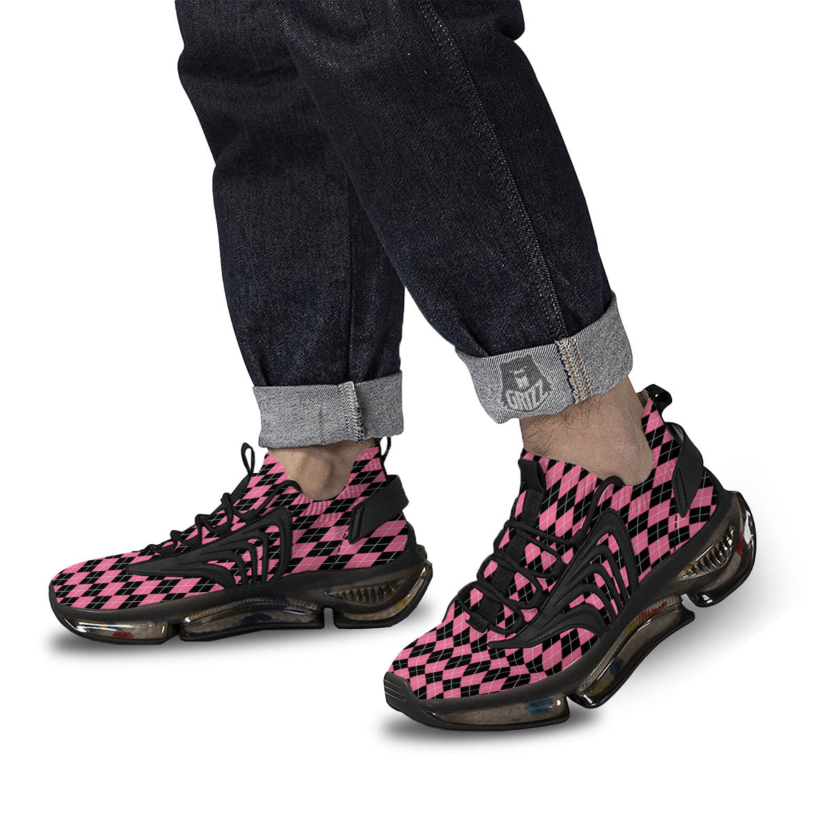 Argyle Black And Pink Print Pattern Black Gym Shoes-grizzshop
