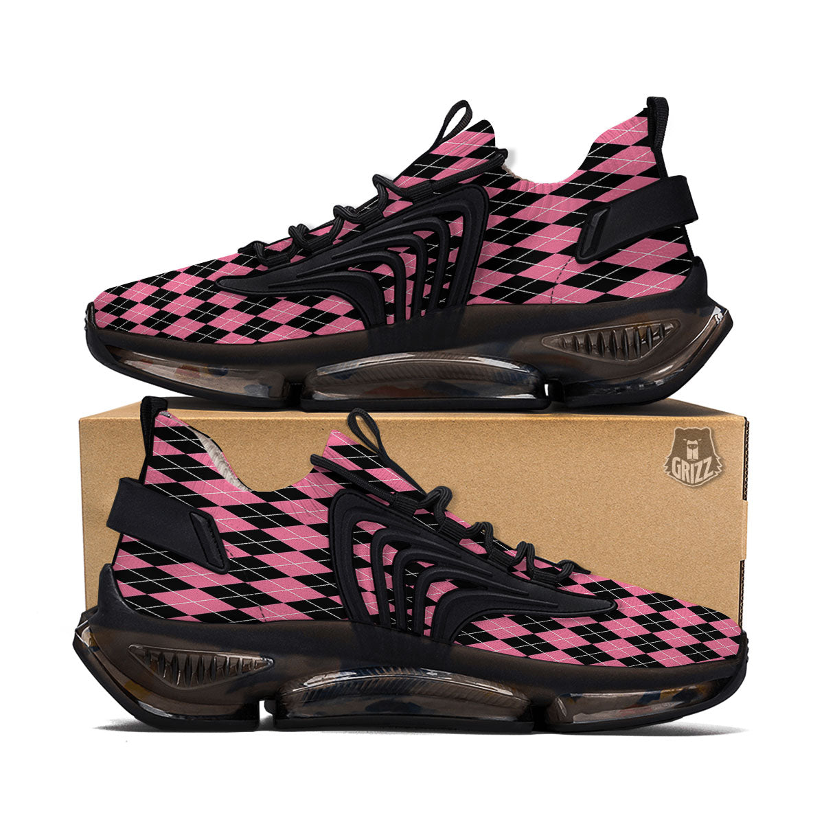 Argyle Black And Pink Print Pattern Black Gym Shoes-grizzshop
