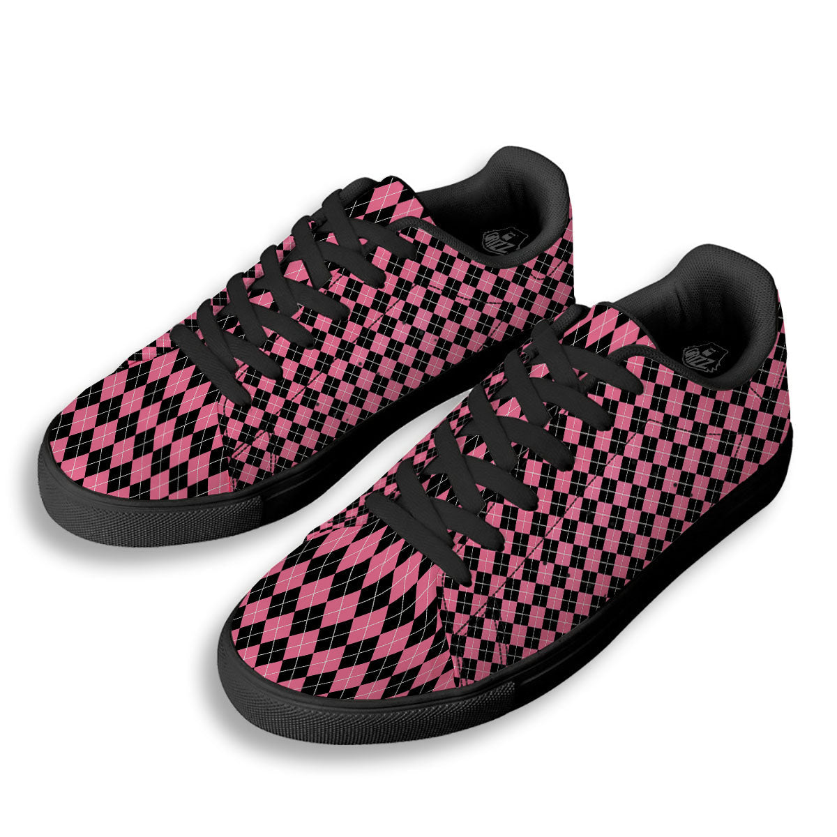 Argyle Black And Pink Print Pattern Black Low Top Sneakers-grizzshop