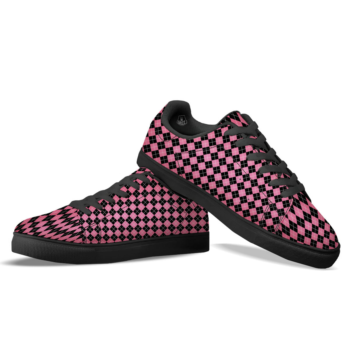 Argyle Black And Pink Print Pattern Black Low Top Sneakers-grizzshop