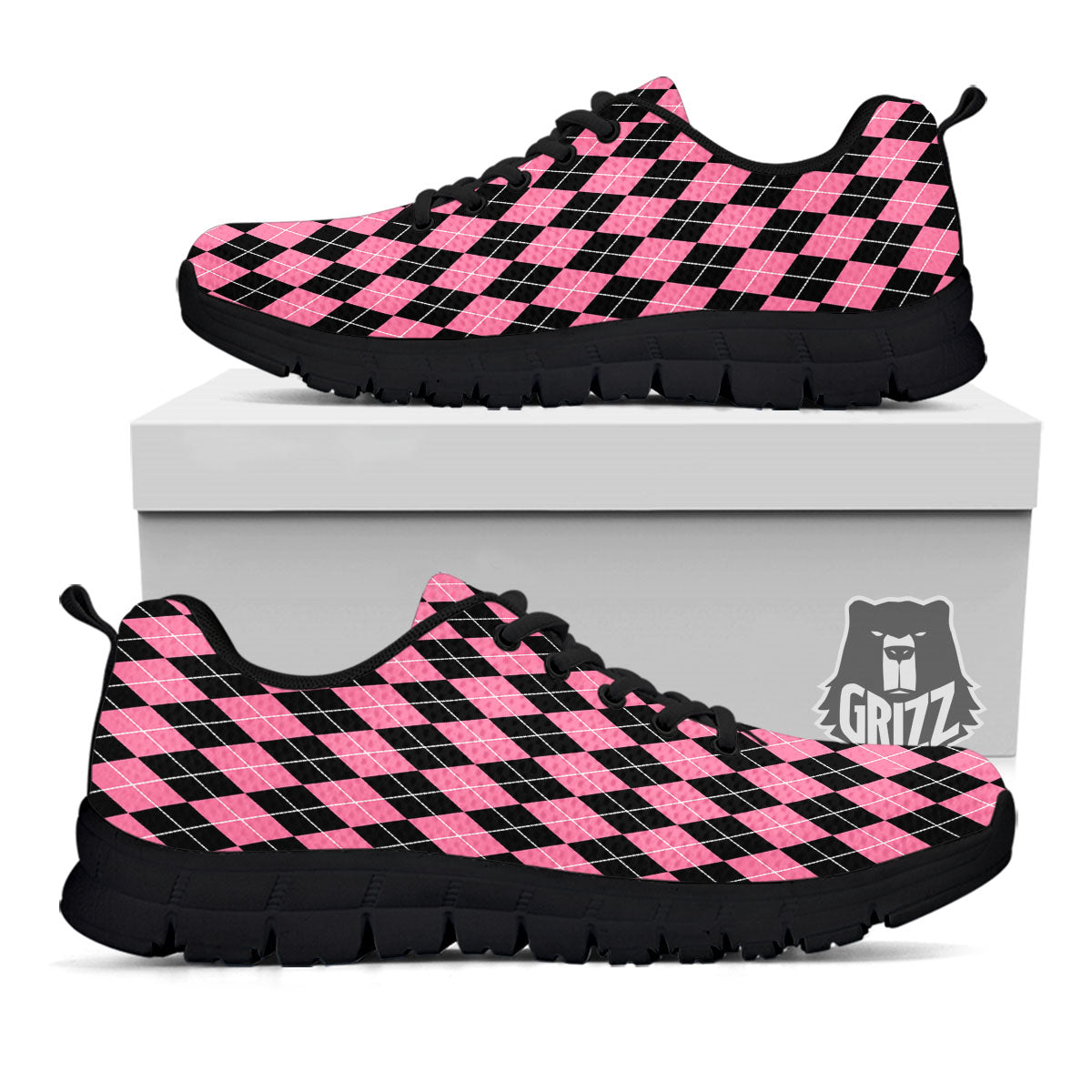 Argyle Black And Pink Print Pattern Black Sneaker-grizzshop