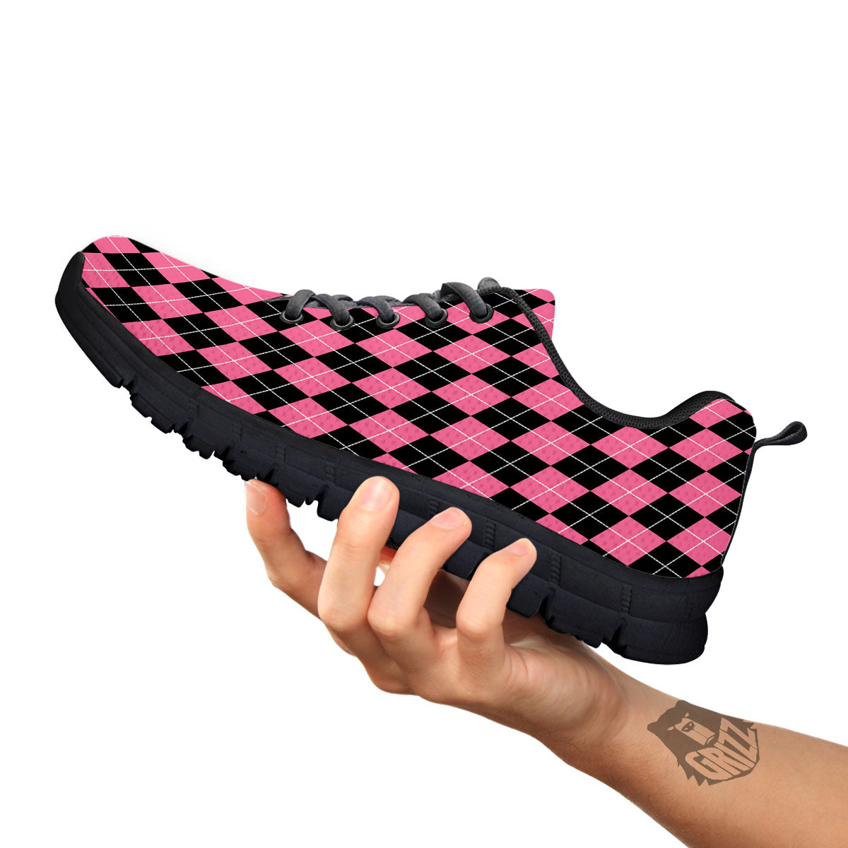 Argyle Black And Pink Print Pattern Black Sneaker-grizzshop