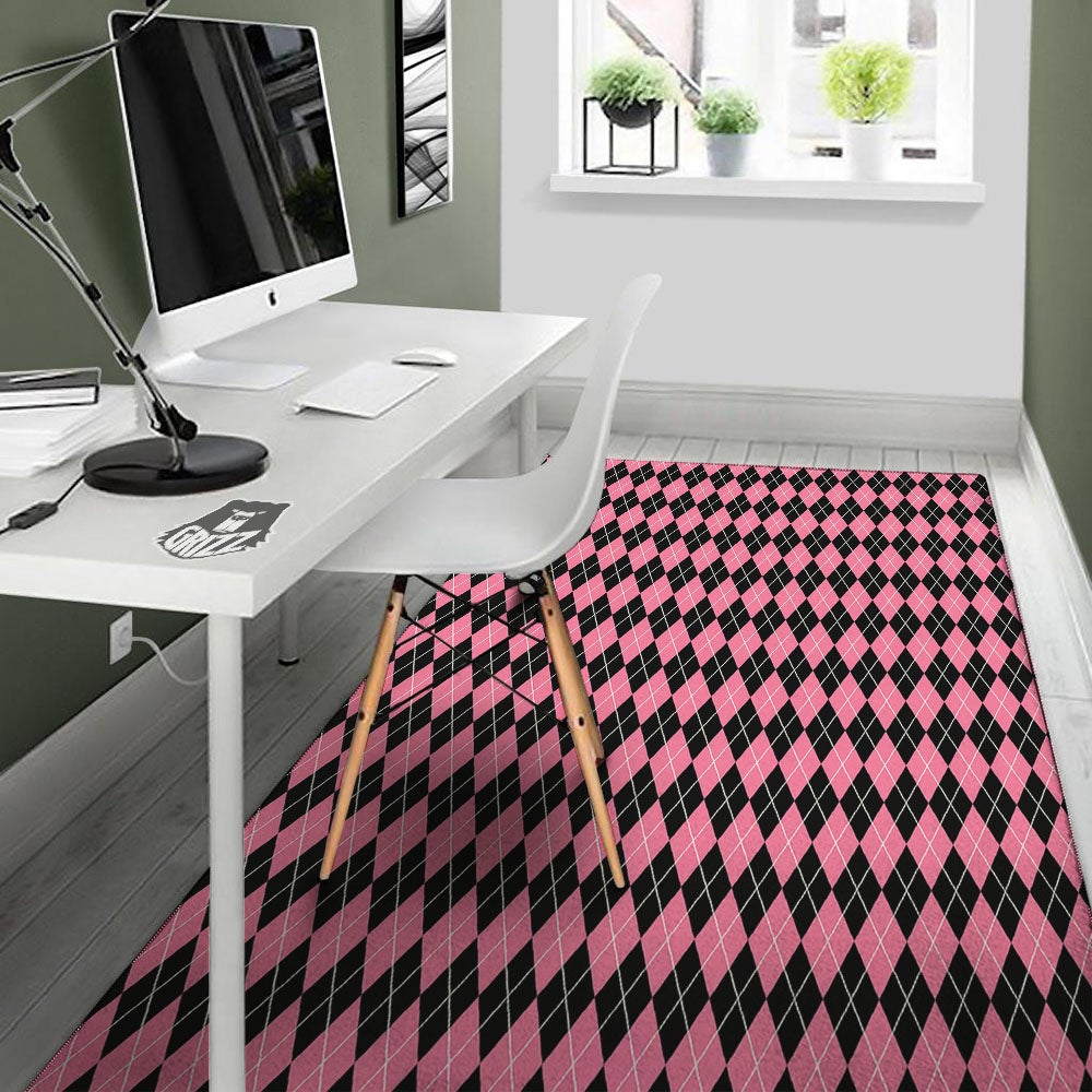 Argyle Black And Pink Print Pattern Floor Mat-grizzshop