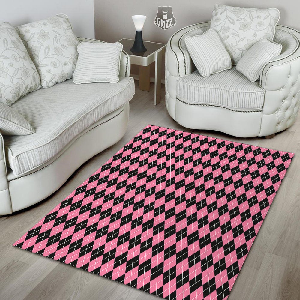 Argyle Black And Pink Print Pattern Floor Mat-grizzshop