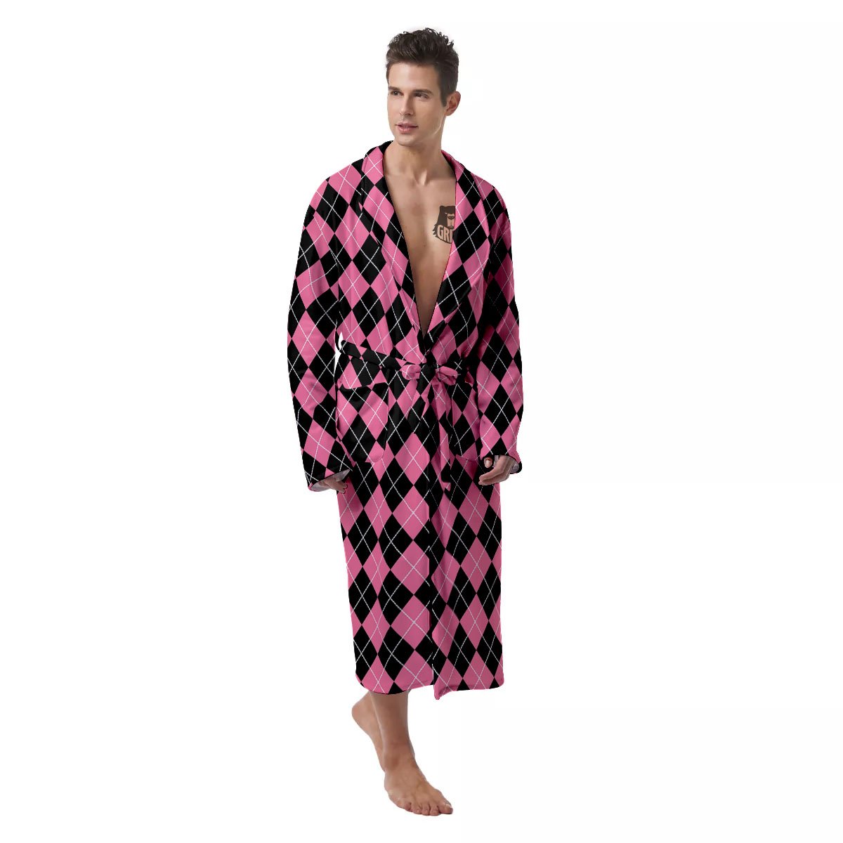 Argyle Black And Pink Print Pattern Men's Robe-grizzshop