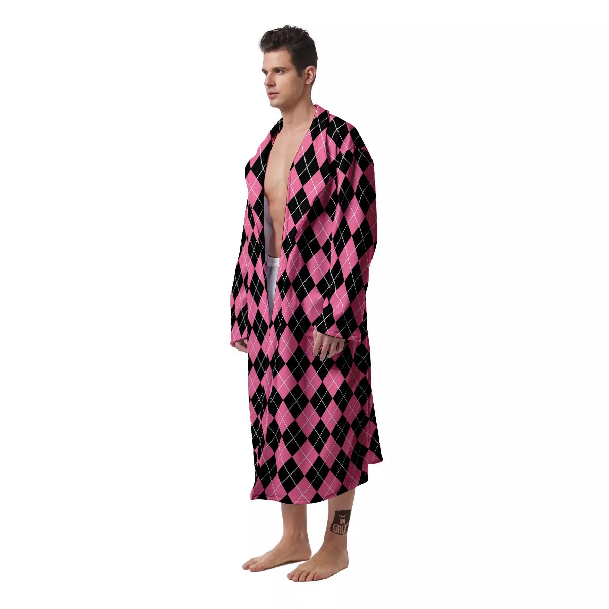 Argyle Black And Pink Print Pattern Men's Robe-grizzshop