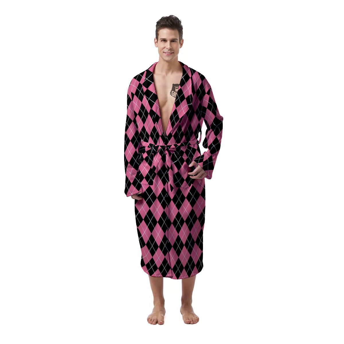 Argyle Black And Pink Print Pattern Men's Robe-grizzshop