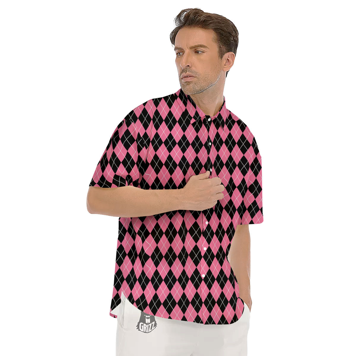 Argyle Black And Pink Print Pattern Men's Short Sleeve Shirts-grizzshop