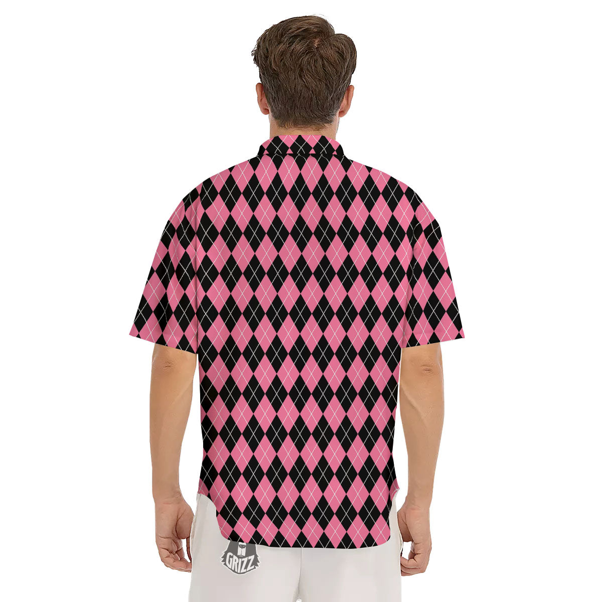 Argyle Black And Pink Print Pattern Men's Short Sleeve Shirts-grizzshop