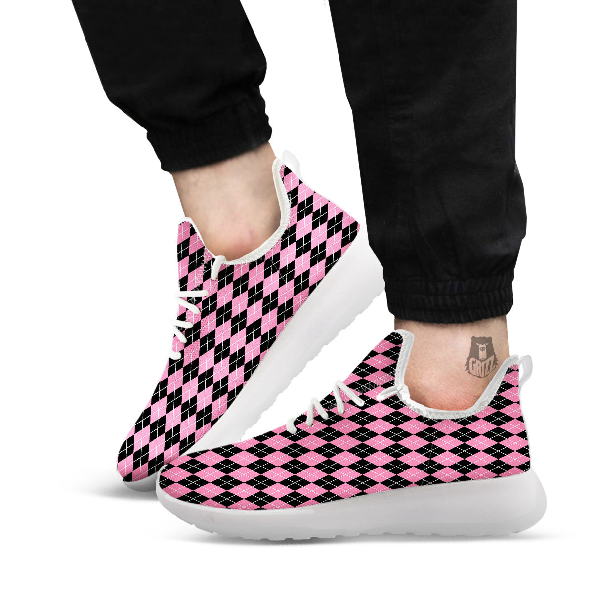 Argyle Black And Pink Print Pattern White Athletic Shoes-grizzshop