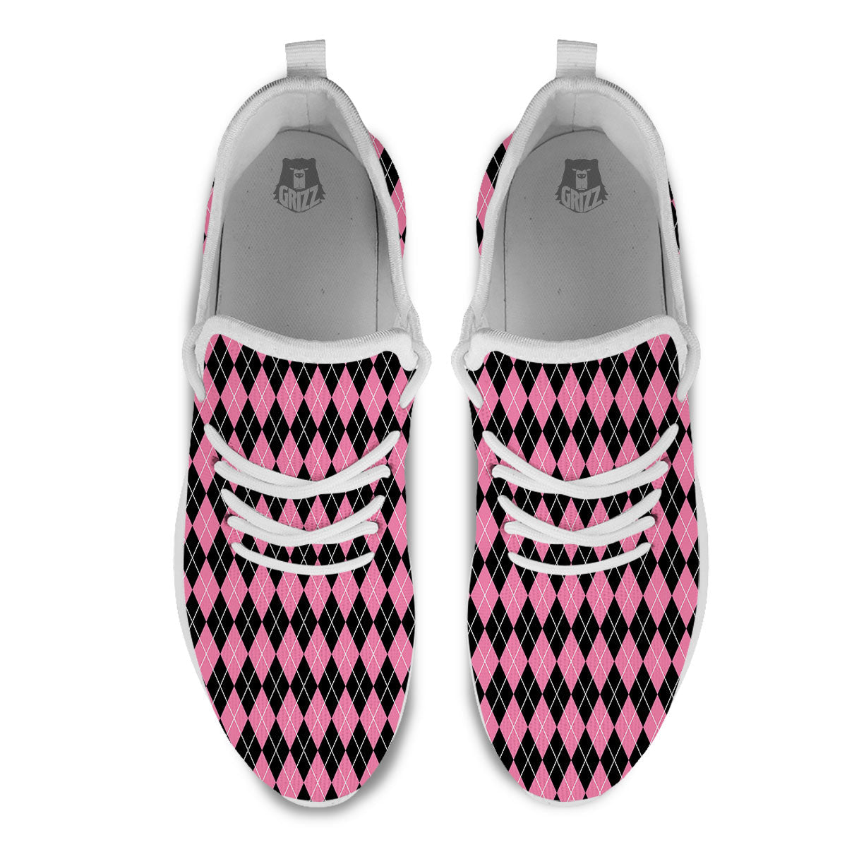 Argyle Black And Pink Print Pattern White Athletic Shoes-grizzshop