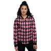 Argyle Black And Pink Print Pattern Women's Bomber Jacket-grizzshop