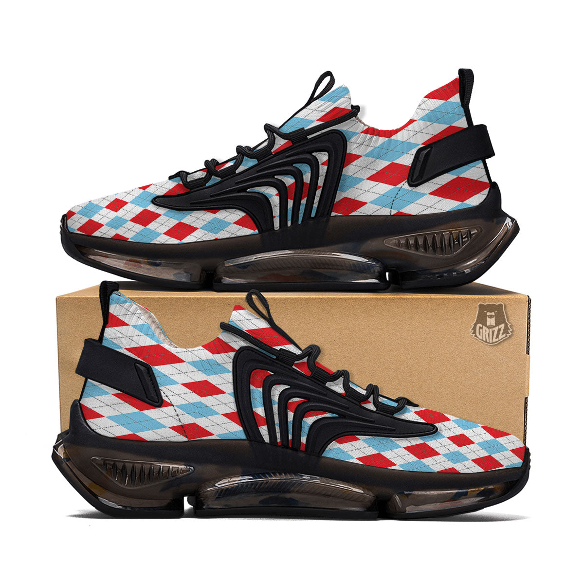 Argyle Blue And Red Print Pattern Black Gym Shoes-grizzshop