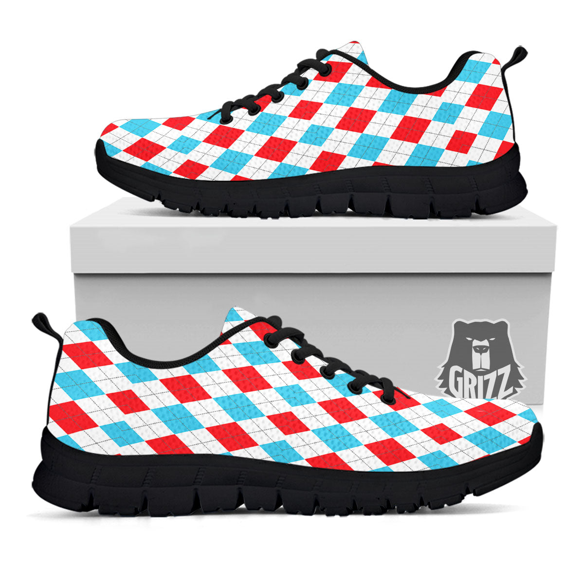 Argyle Blue And Red Print Pattern Black Sneaker-grizzshop