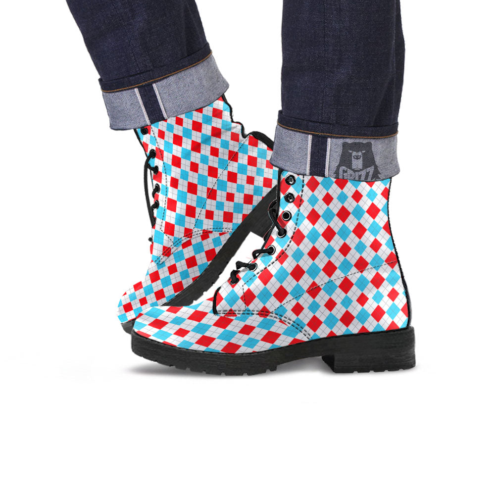 Argyle Blue And Red Print Pattern Leather Boots-grizzshop