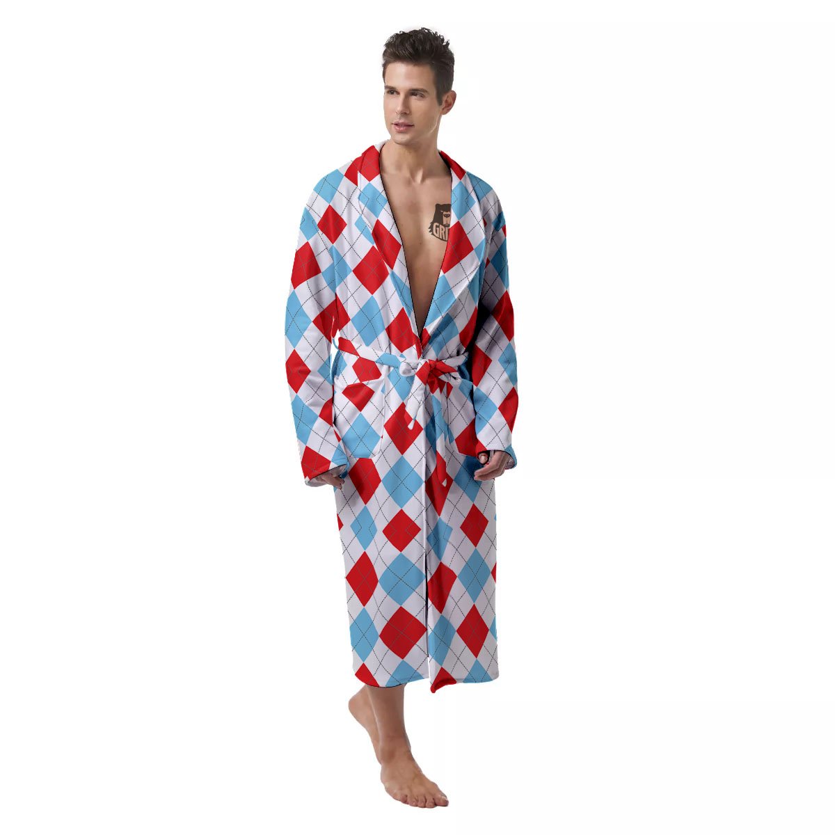 Argyle Blue And Red Print Pattern Men's Robe-grizzshop