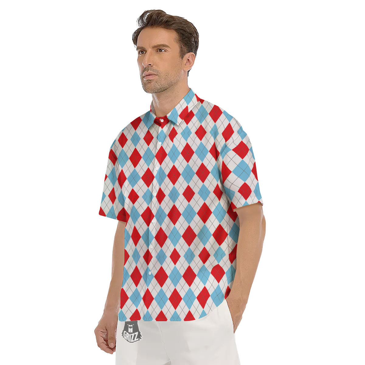 Argyle Blue And Red Print Pattern Men's Short Sleeve Shirts-grizzshop