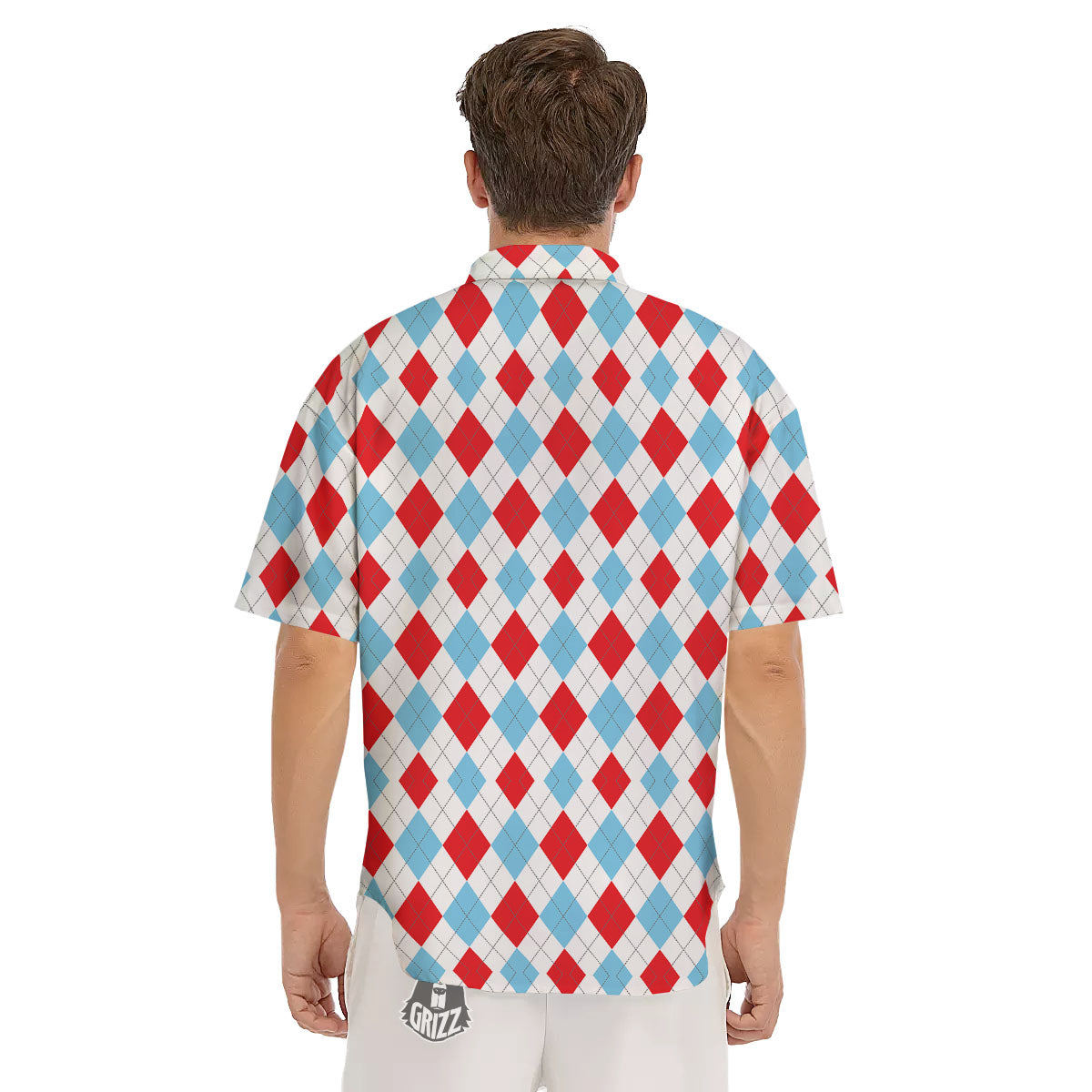 Argyle Blue And Red Print Pattern Men's Short Sleeve Shirts-grizzshop