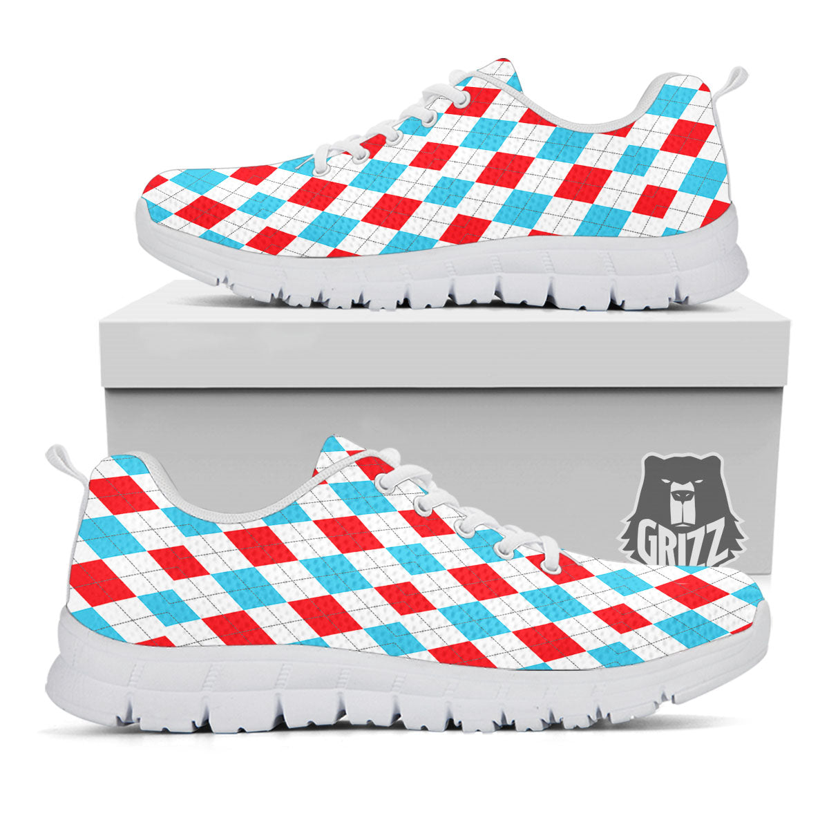 Argyle Blue And Red Print Pattern White Sneaker-grizzshop