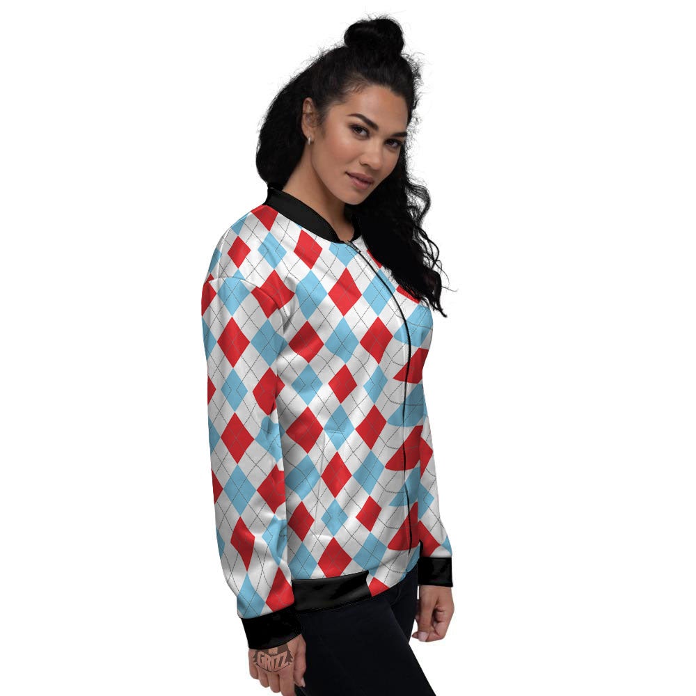 Argyle Blue And Red Print Pattern Women's Bomber Jacket-grizzshop