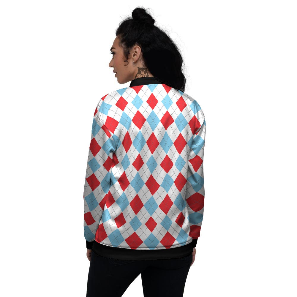 Argyle Blue And Red Print Pattern Women's Bomber Jacket-grizzshop