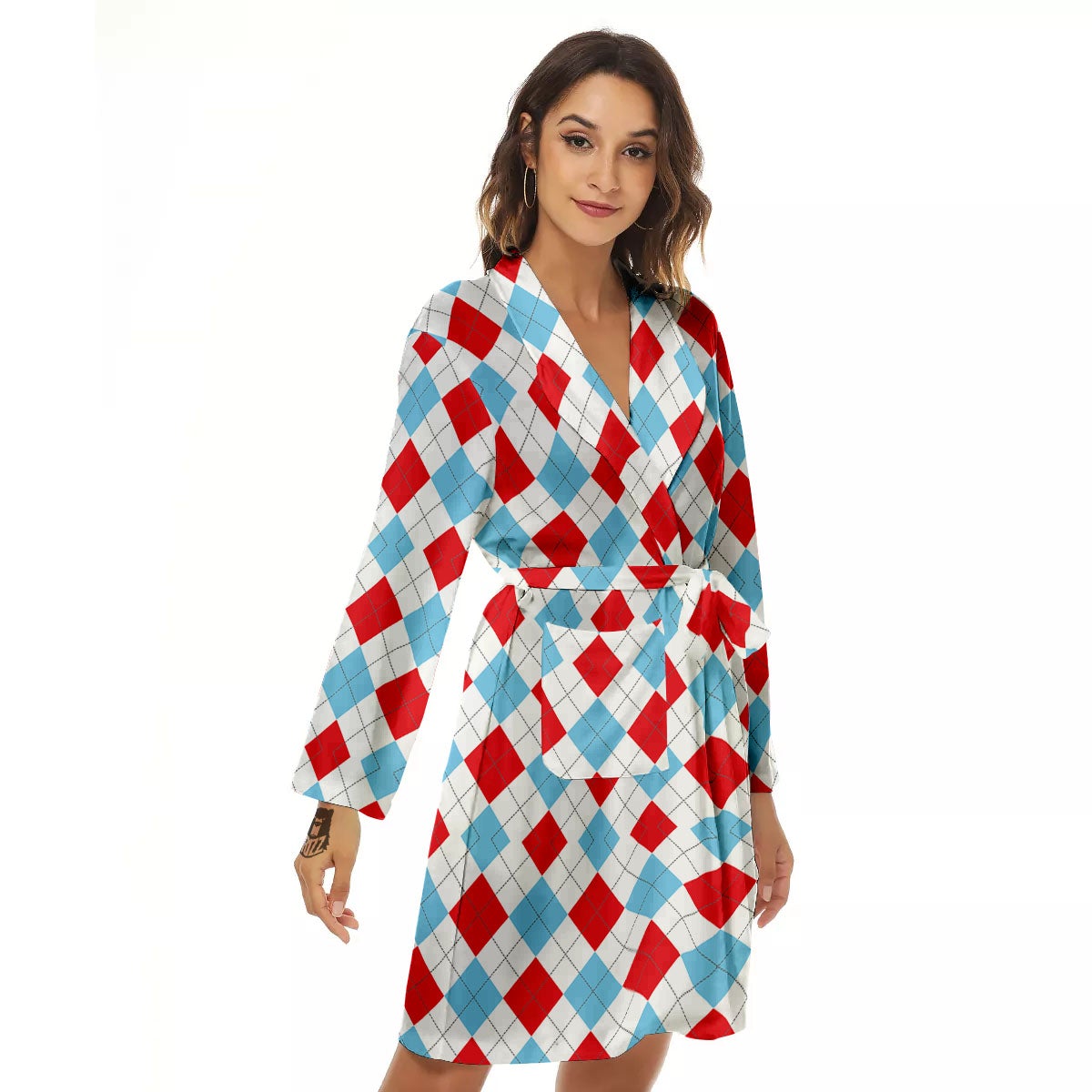 Argyle Blue And Red Print Pattern Women's Robe-grizzshop