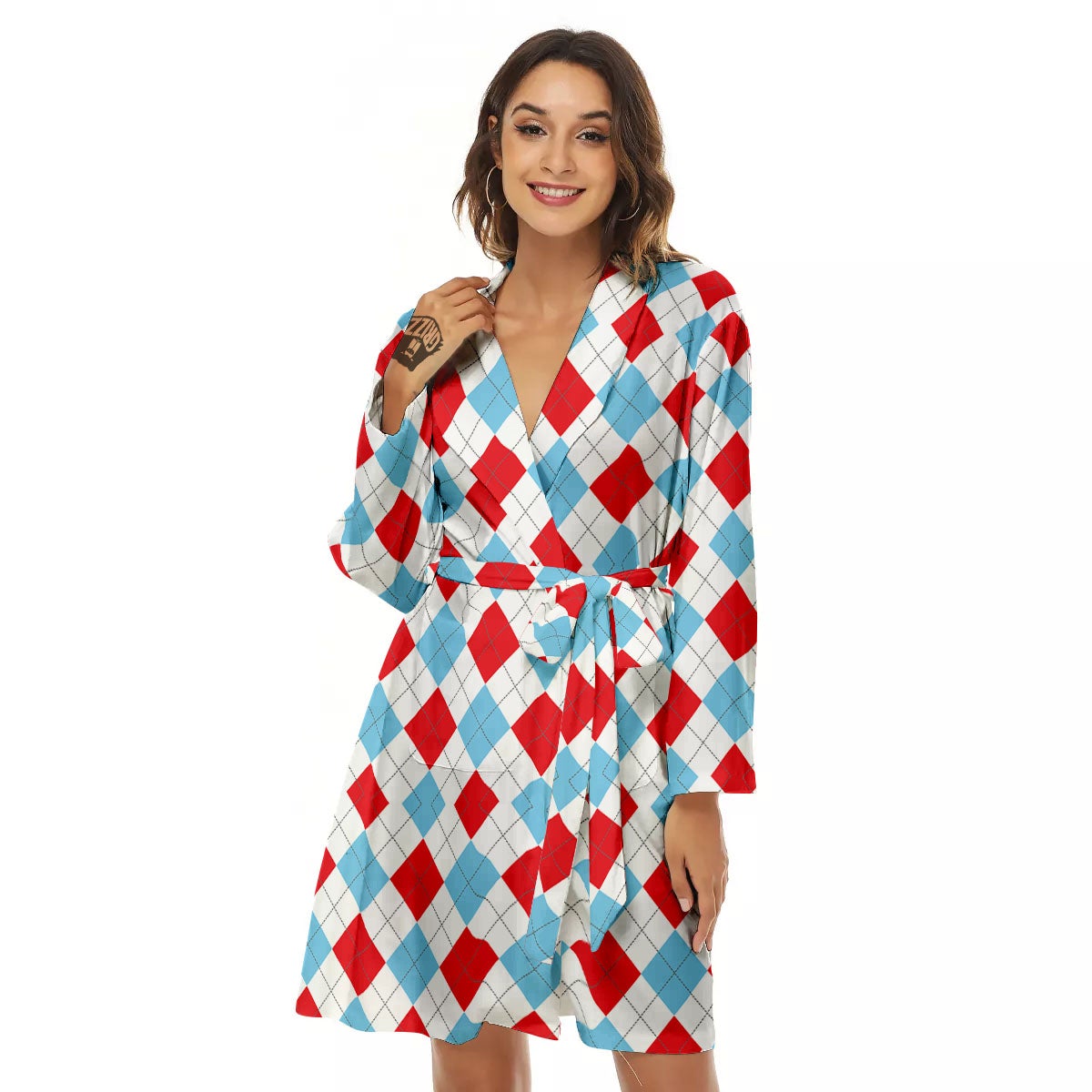 Argyle Blue And Red Print Pattern Women's Robe-grizzshop