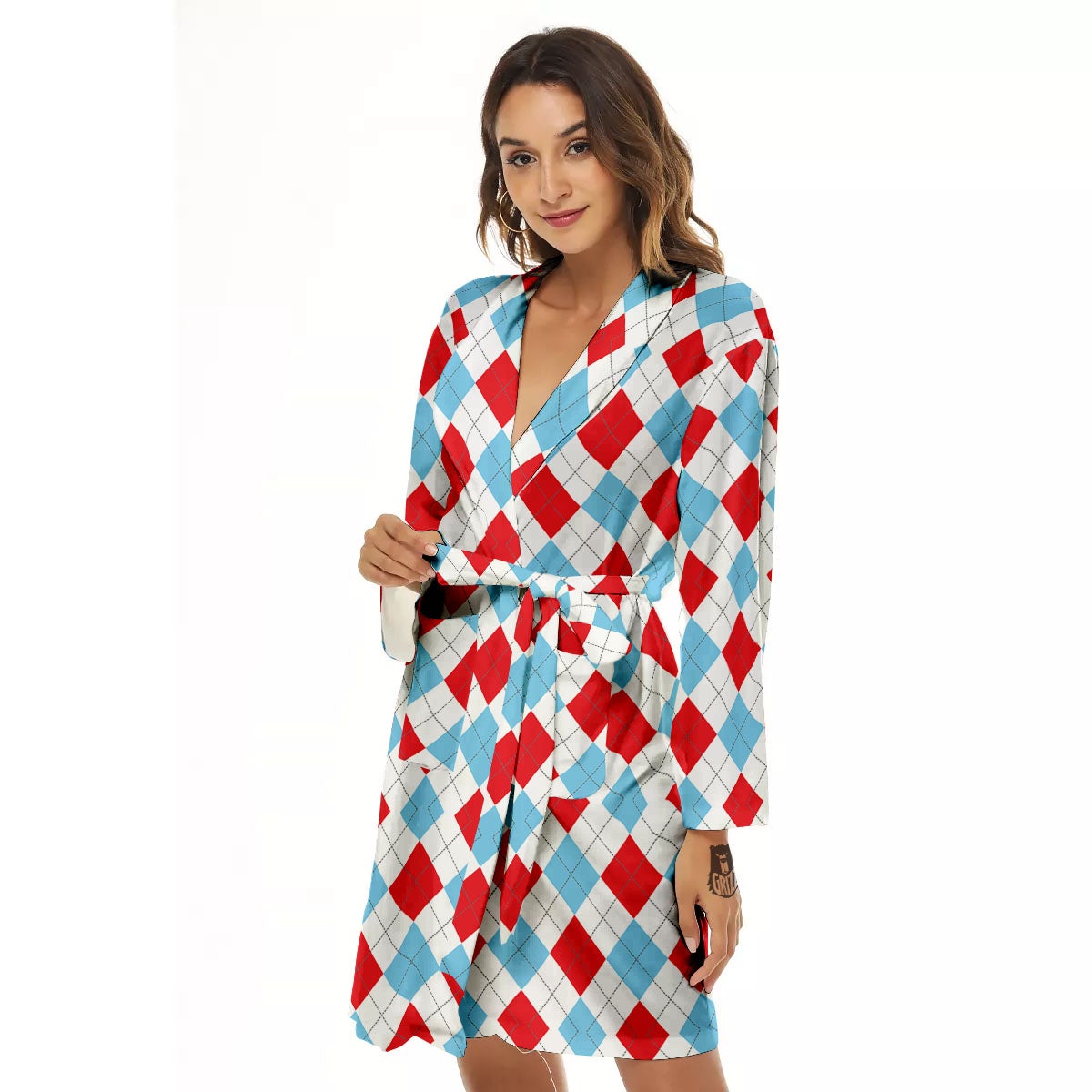 Argyle Blue And Red Print Pattern Women's Robe-grizzshop