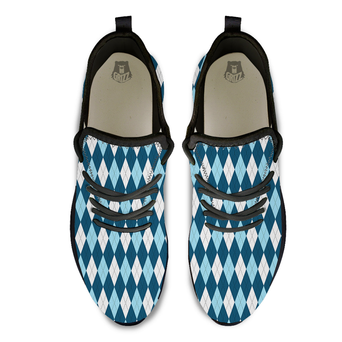 Argyle Blue And White Print Pattern Black Athletic Shoes-grizzshop