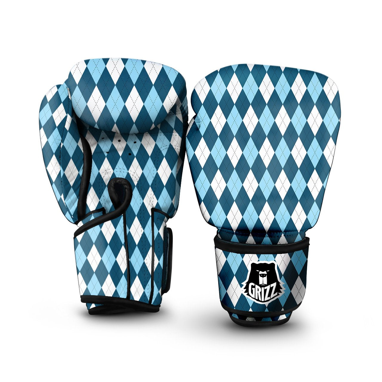 Argyle Blue And White Print Pattern Boxing Gloves-grizzshop