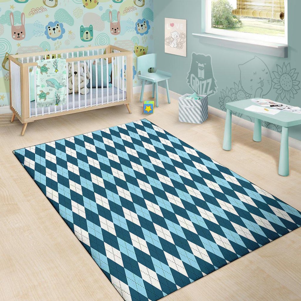 Argyle Blue And White Print Pattern Floor Mat-grizzshop