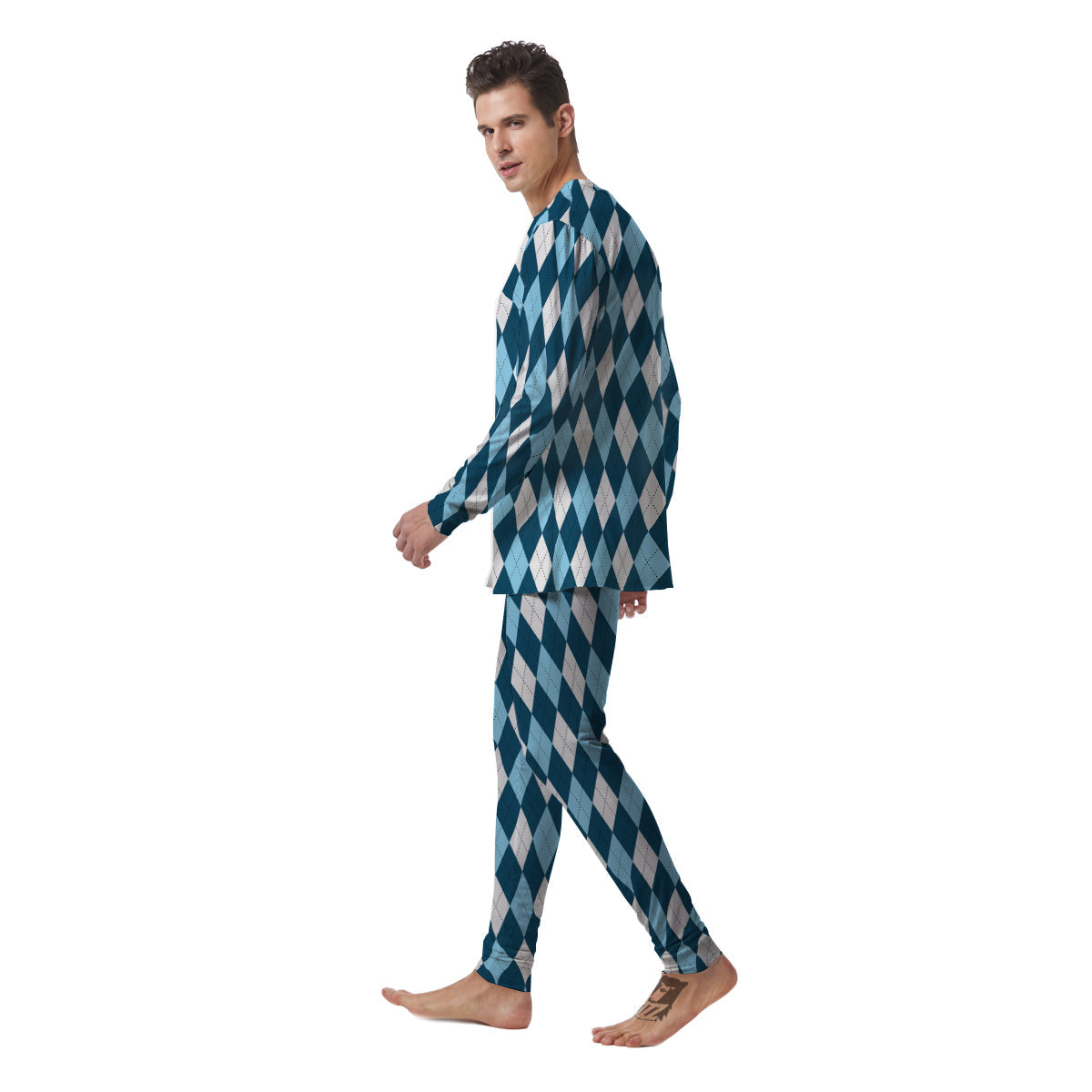 Argyle Blue And White Print Pattern Men's Pajamas-grizzshop