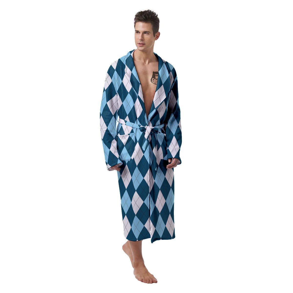 Argyle Blue And White Print Pattern Men's Robe-grizzshop