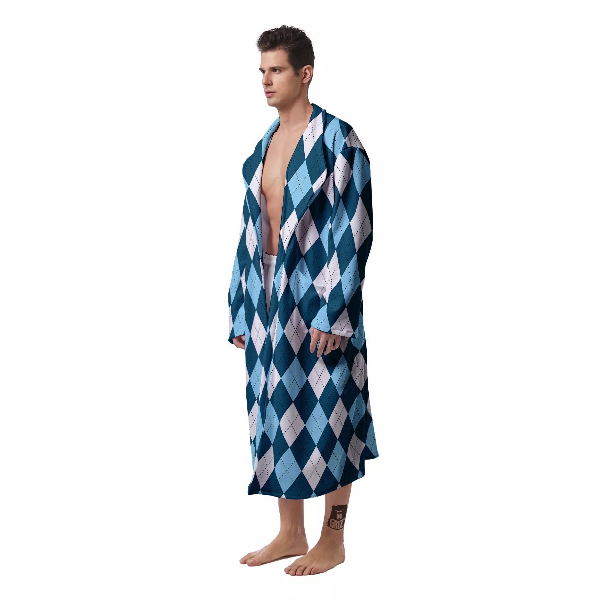 Argyle Blue And White Print Pattern Men's Robe-grizzshop