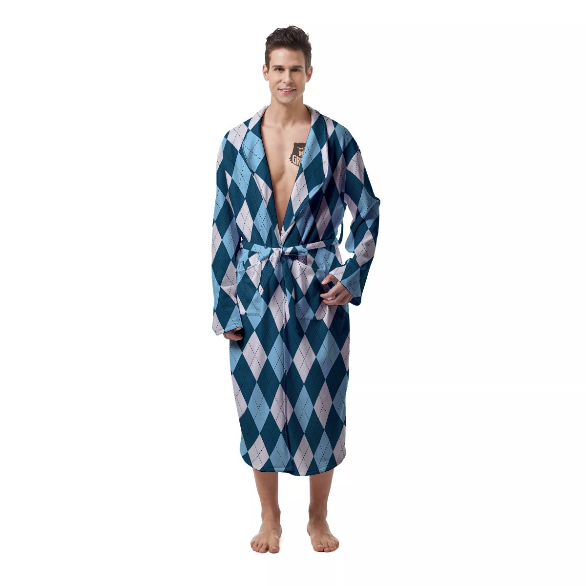 Argyle Blue And White Print Pattern Men's Robe-grizzshop
