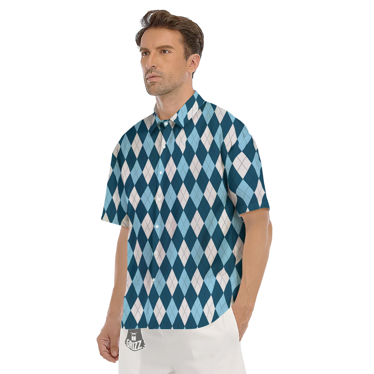 Argyle Blue And White Print Pattern Men's Short Sleeve Shirts-grizzshop