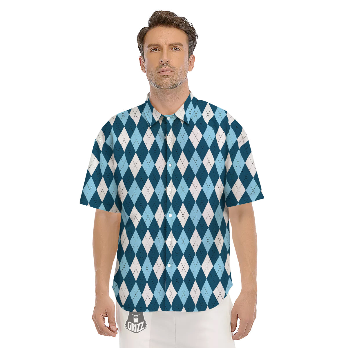 Argyle Blue And White Print Pattern Men's Short Sleeve Shirts-grizzshop