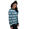 Argyle Blue And White Print Pattern Women's Bomber Jacket-grizzshop