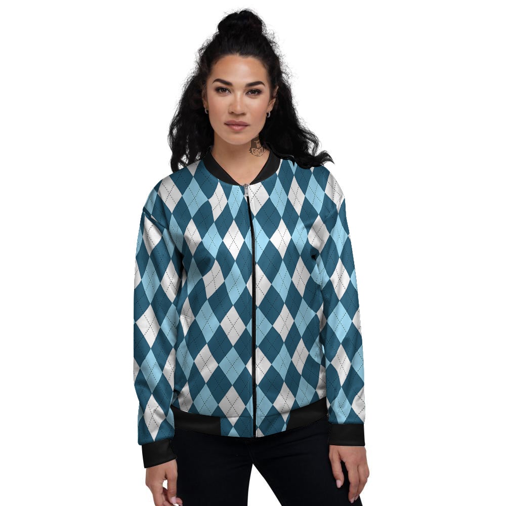 Argyle Blue And White Print Pattern Women's Bomber Jacket-grizzshop