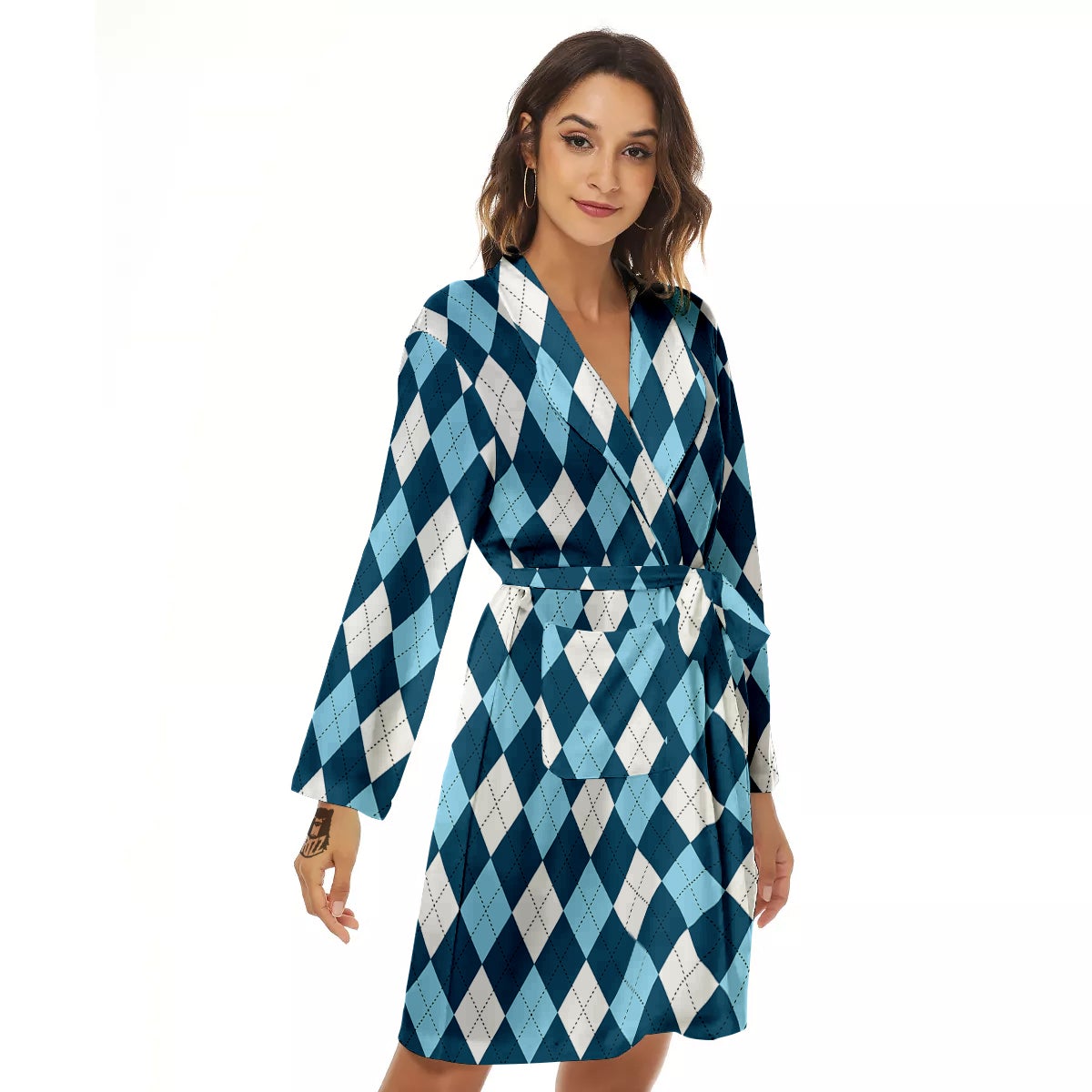 Argyle Blue And White Print Pattern Women's Robe-grizzshop
