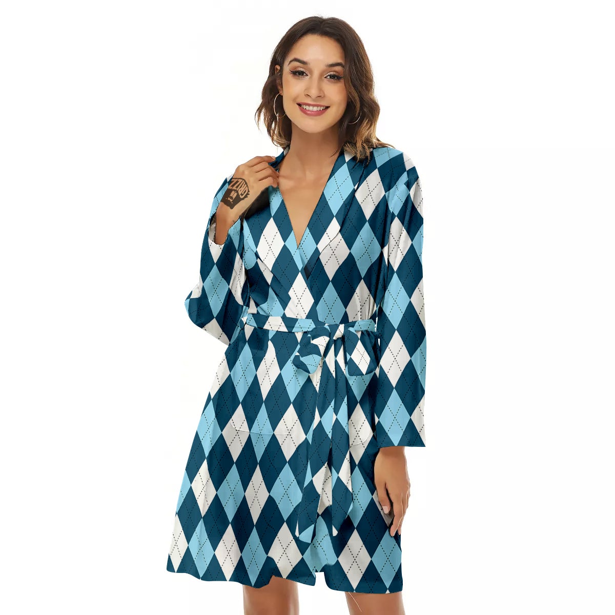 Argyle Blue And White Print Pattern Women's Robe-grizzshop