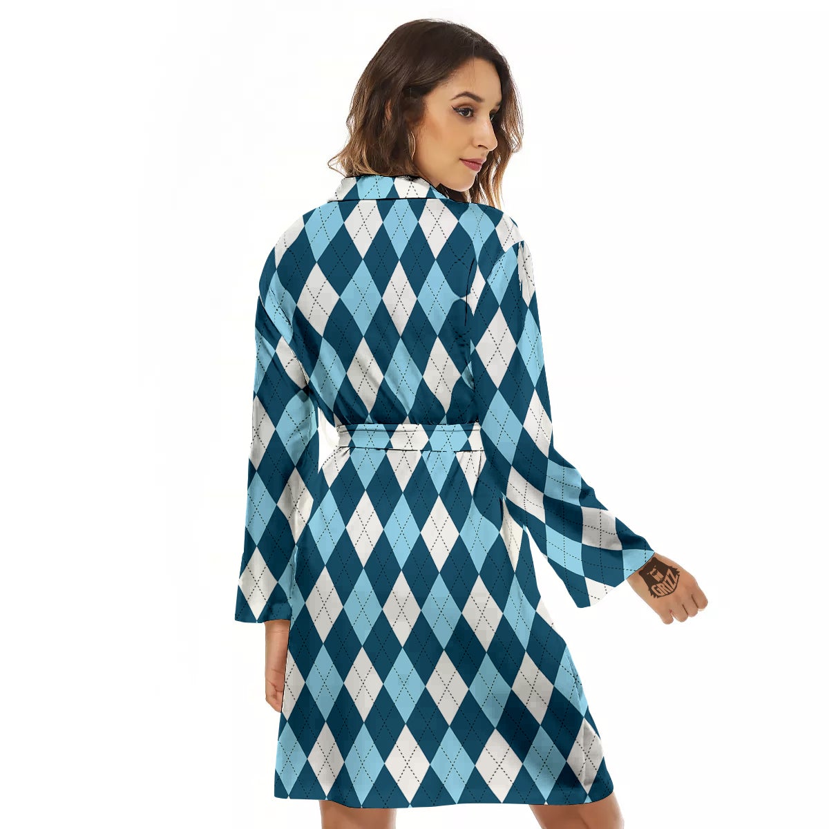 Argyle Blue And White Print Pattern Women's Robe-grizzshop