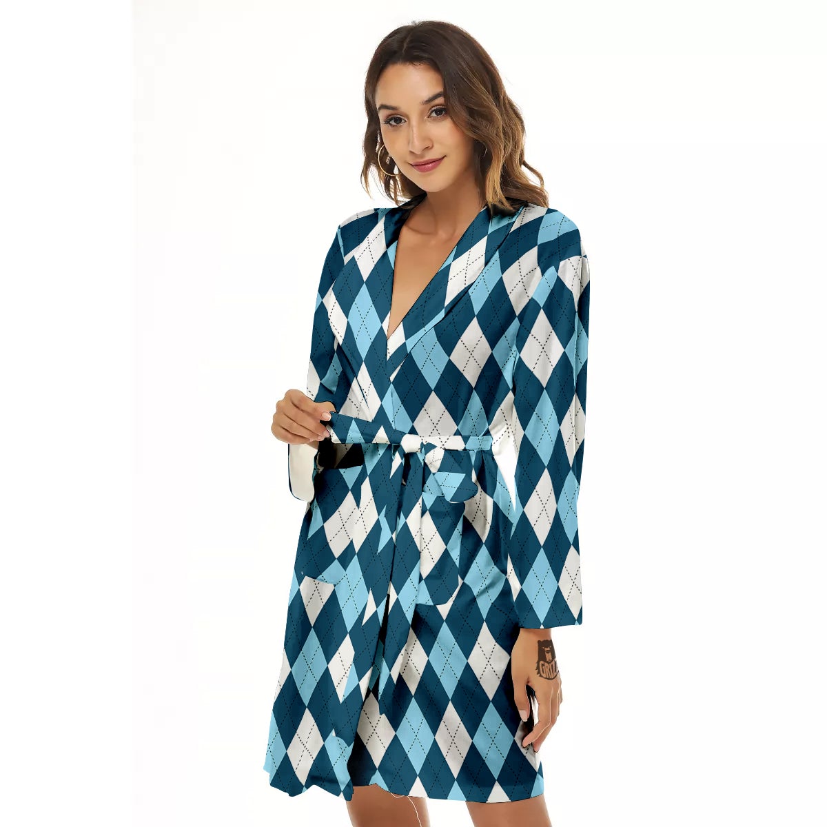 Argyle Blue And White Print Pattern Women's Robe-grizzshop