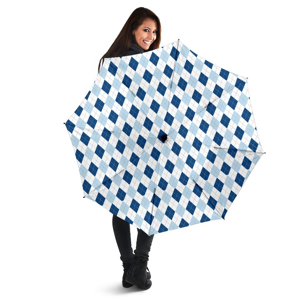 Argyle Blue Pattern Print Automatic Foldable Umbrella-grizzshop