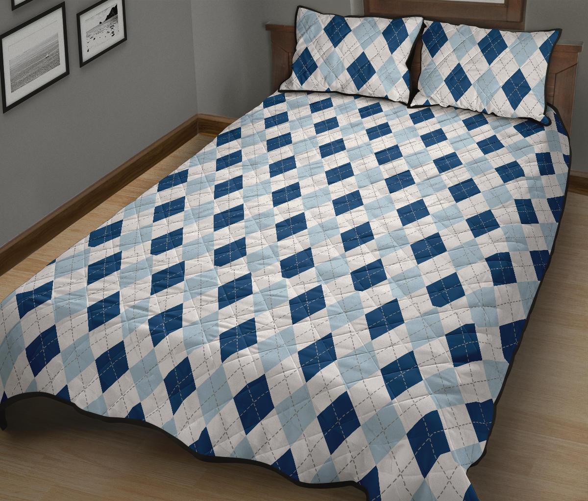 Argyle Blue Pattern Print Bed Set Quilt-grizzshop