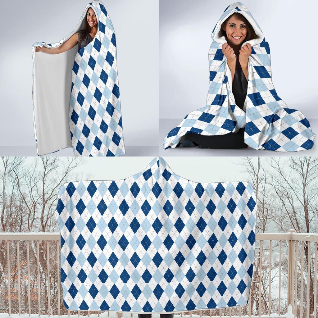 Argyle Blue Pattern Print Hooded Blanket-grizzshop
