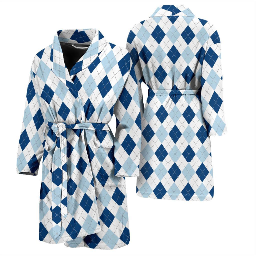 Argyle Blue Pattern Print Men Long Robe-grizzshop