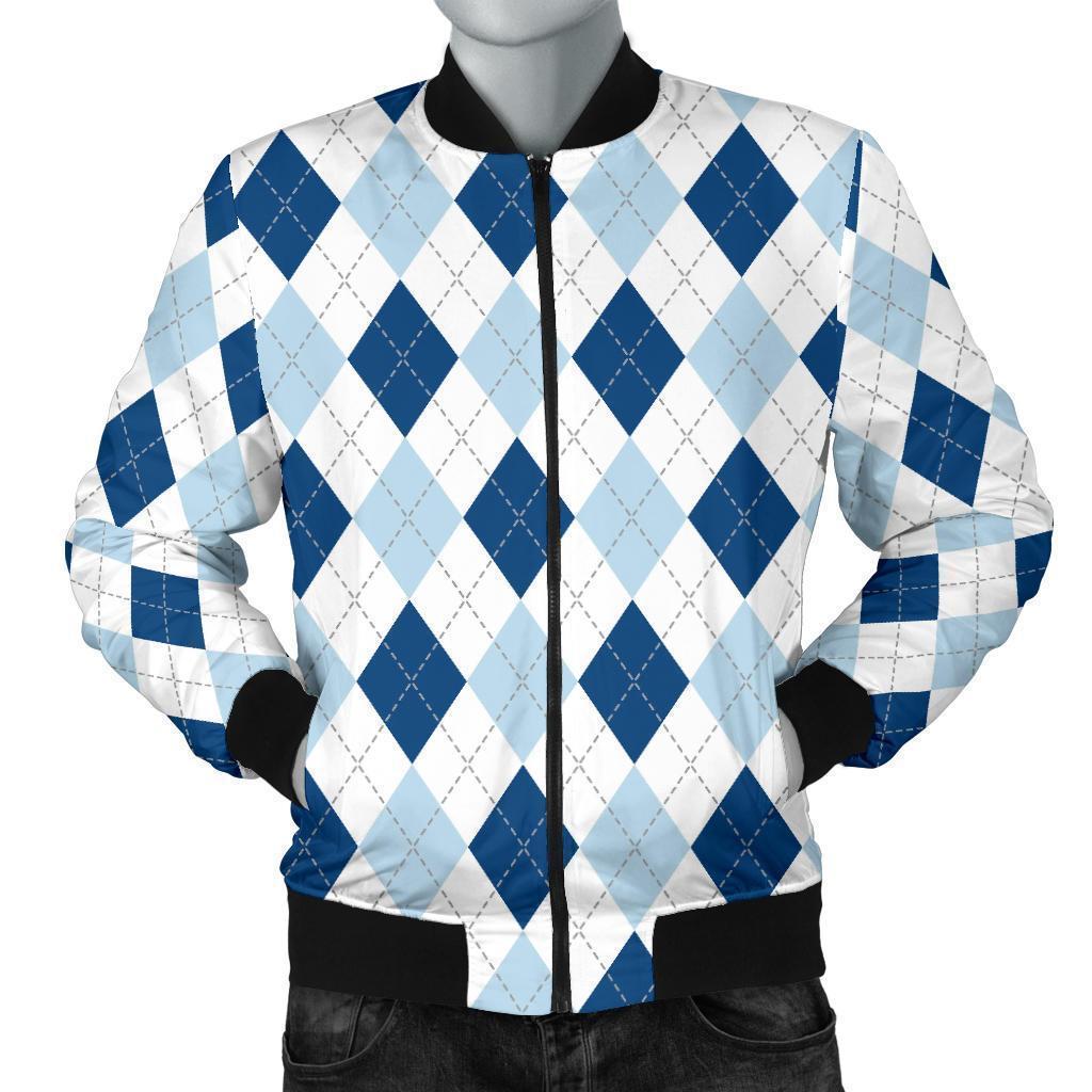 Argyle Blue Pattern Print Men's Bomber Jacket-grizzshop