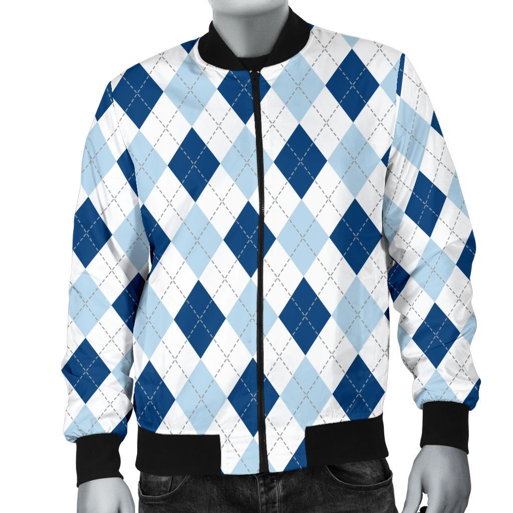 Argyle Blue Pattern Print Men's Bomber Jacket-grizzshop